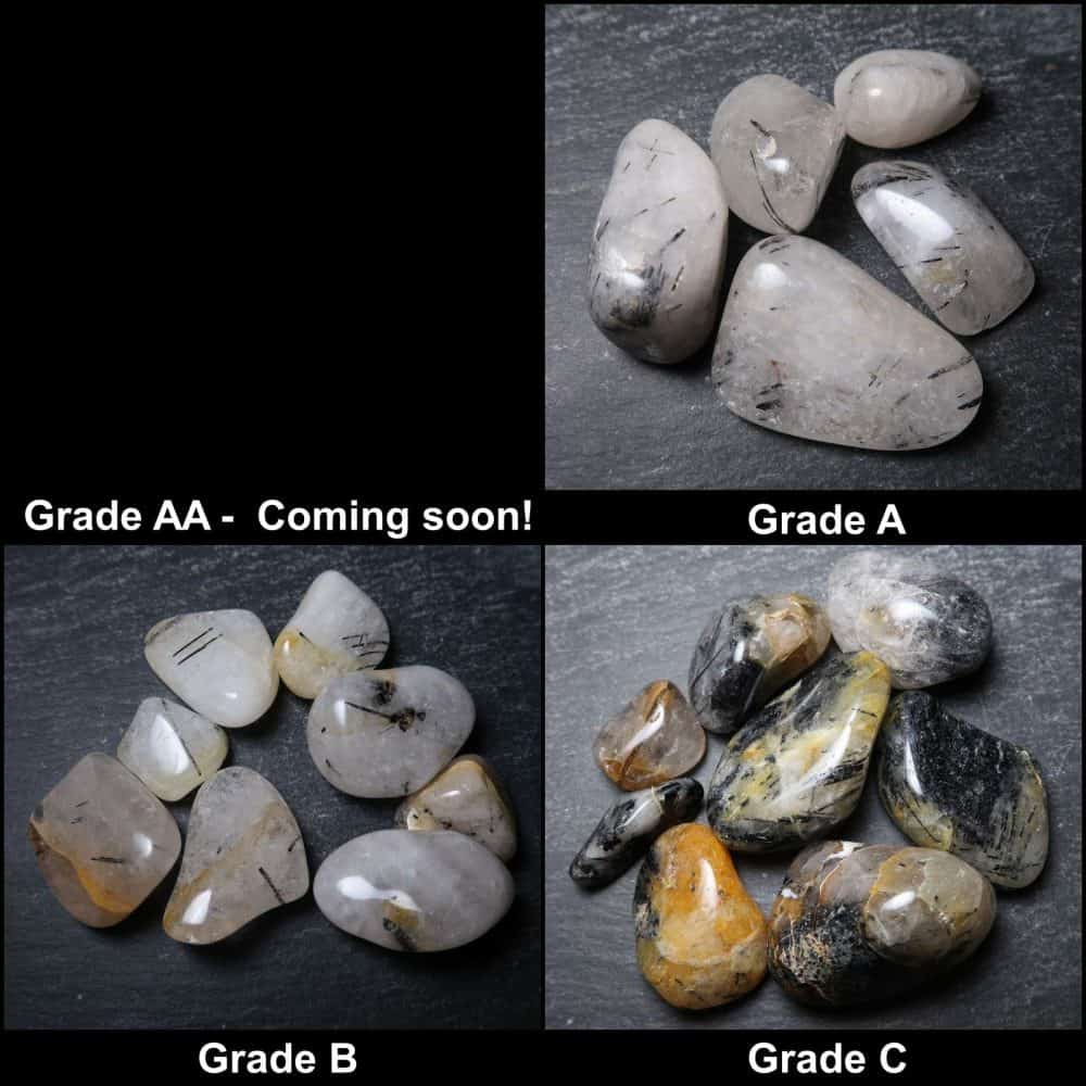 tourmalinated quartz tumblestones grading collage