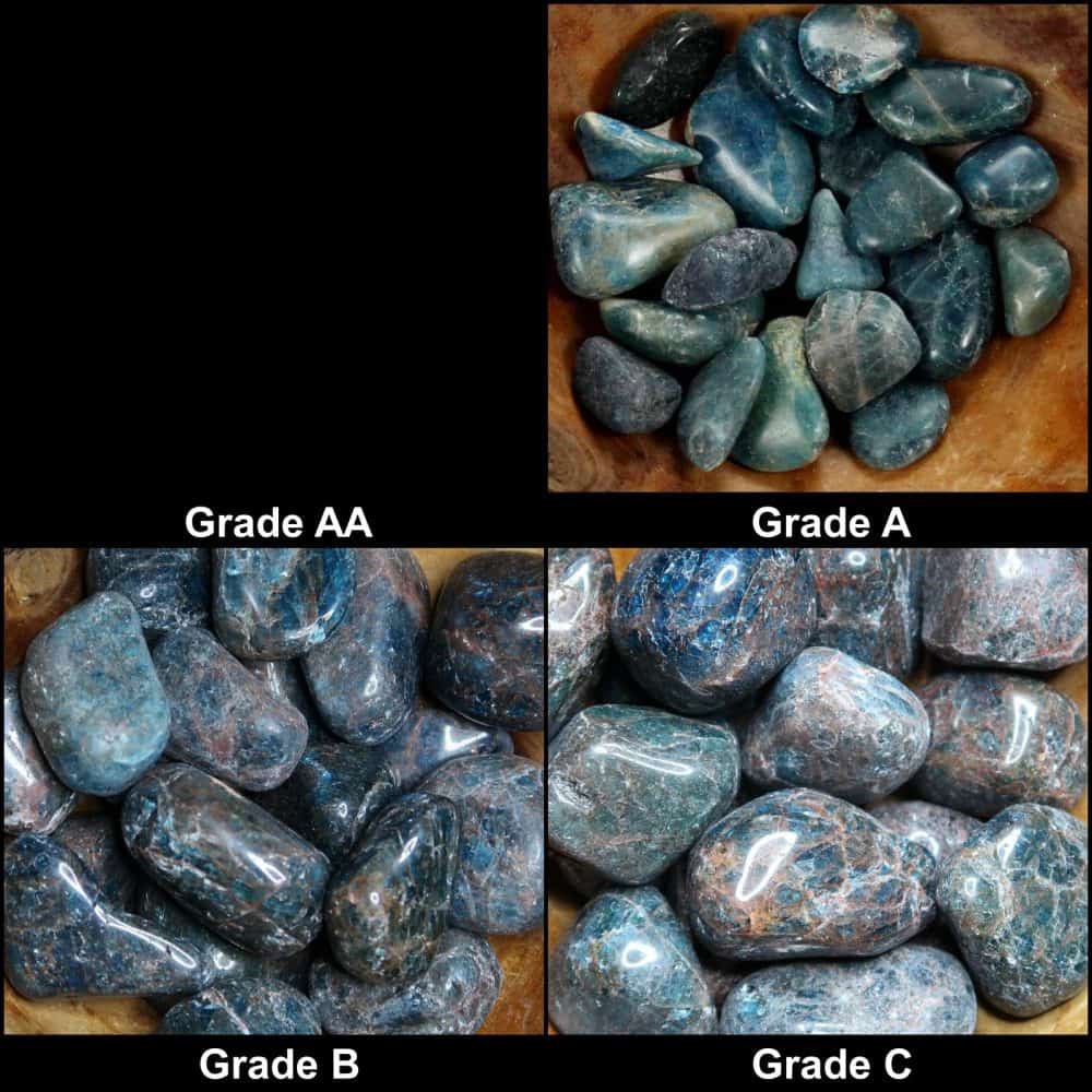 blue apatite tumblestones grading collage