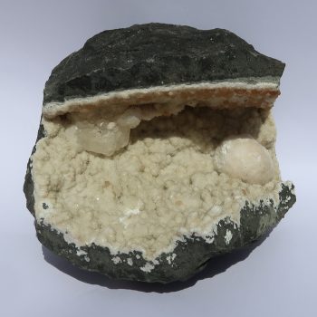 okenite gyrolite and calcite in quartz geode from india 10