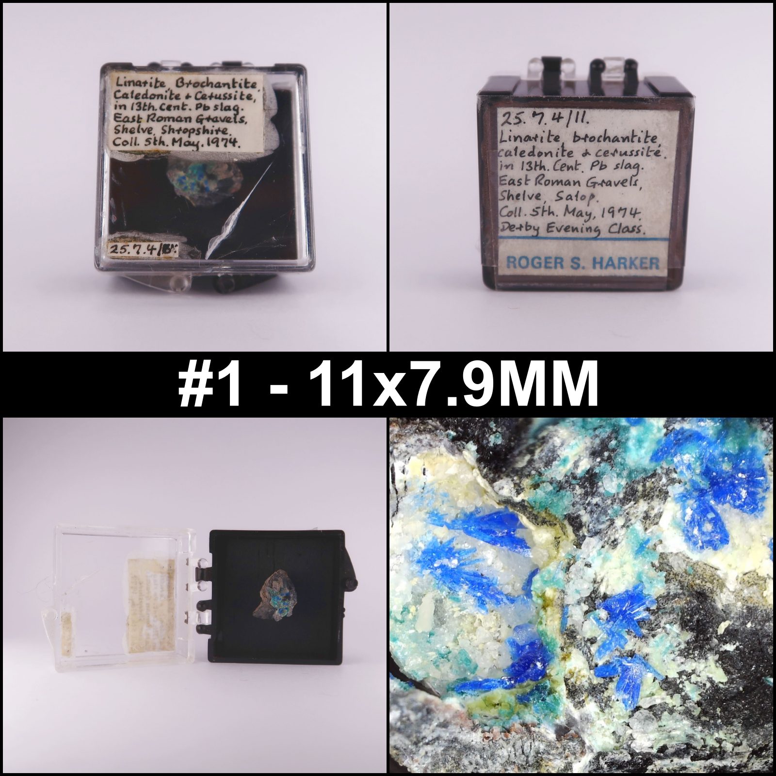 linarite, brochantite, caledonite, cerussite from east roman gravels mine, shropshire