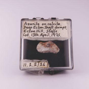 azurite on calcite from ecton mine, staffordshire